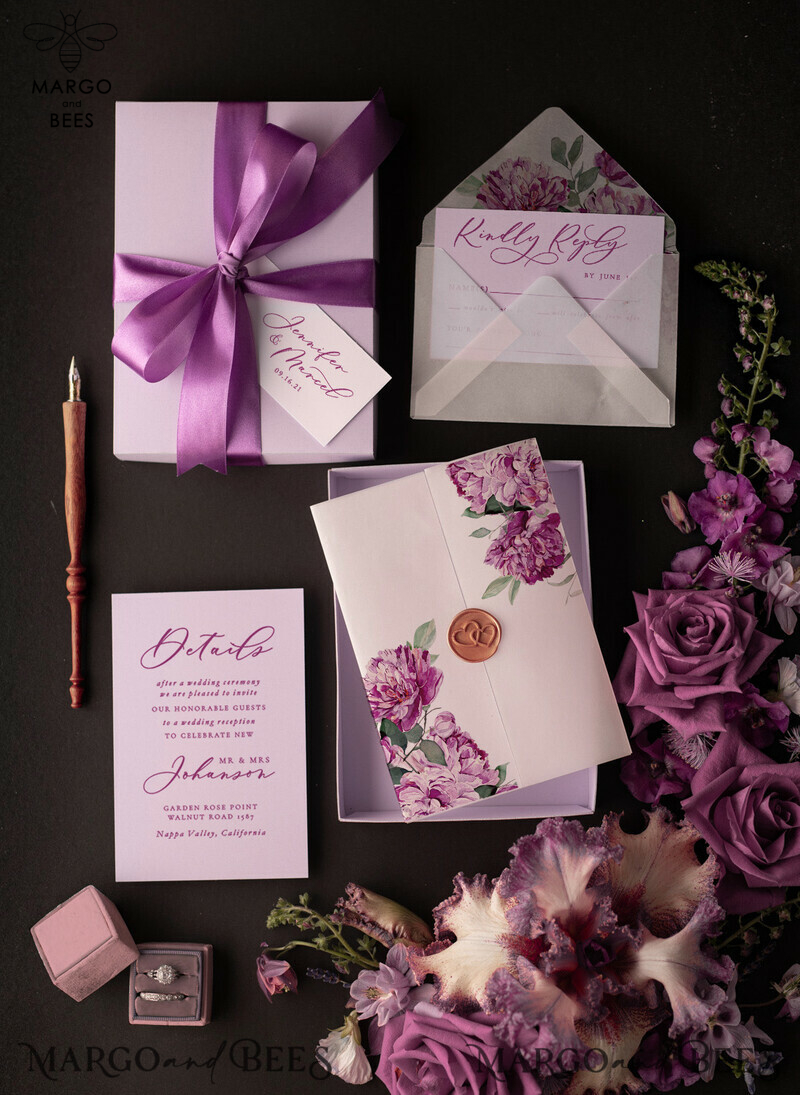 Luxury Acrylic Plexi Wedding Invitations: Elegant Lilac Box Invitation Suite with Glamour Purple Floral Design-2