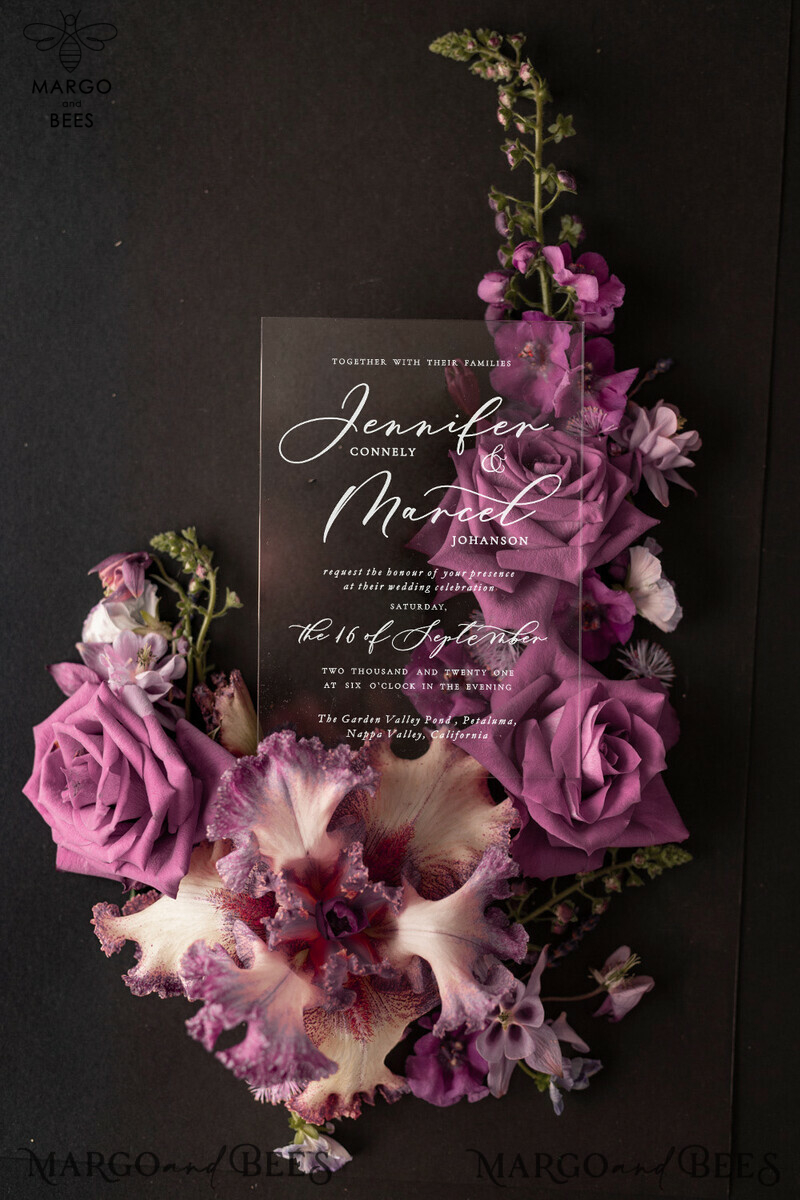  Luxury Acrylic Plexi Wedding Invitations, Elegant Lilac Box Wedding Invites, Glamour Purple Wedding Invitation Suite, Minimalistic Floral Wedding Cards-3