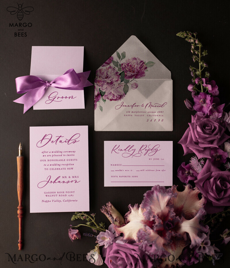 Luxury Acrylic Plexi Wedding Invitations: Elegant Lilac Box Invitation Suite with Glamour Purple Floral Design-4