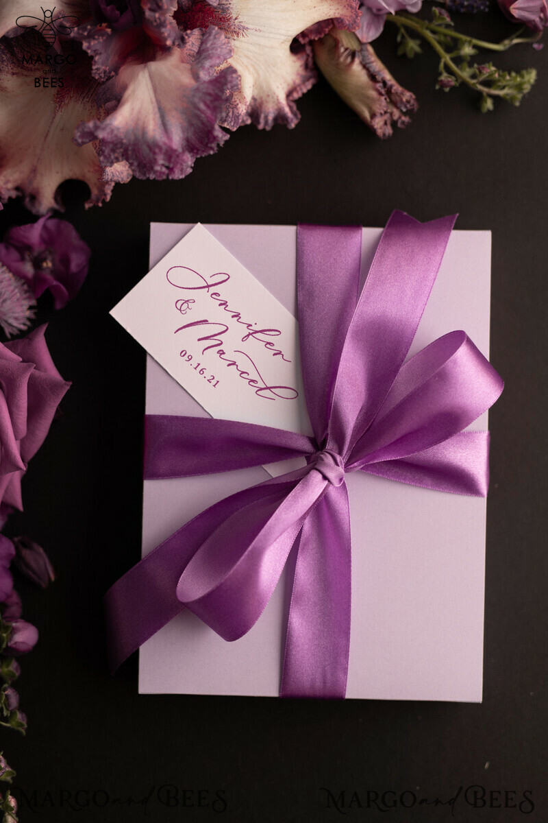  Luxury Acrylic Plexi Wedding Invitations, Elegant Lilac Box Wedding Invites, Glamour Purple Wedding Invitation Suite, Minimalistic Floral Wedding Cards-5