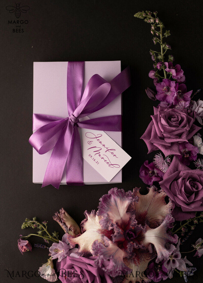 Luxury Acrylic Plexi Wedding Invitations: Elegant Lilac Box Invitation Suite with Glamour Purple Floral Design-6
