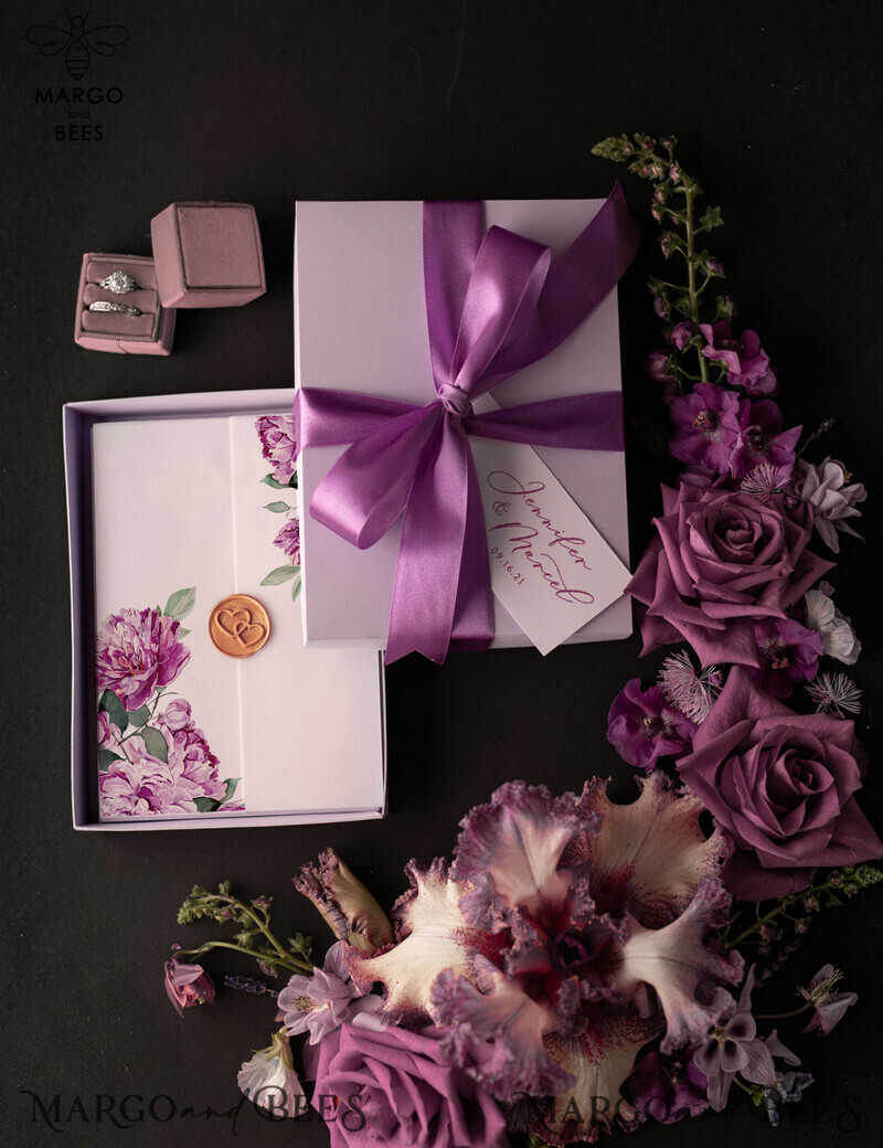 Luxury Acrylic Plexi Wedding Invitations: Elegant Lilac Box Invitation Suite with Glamour Purple Floral Design-7