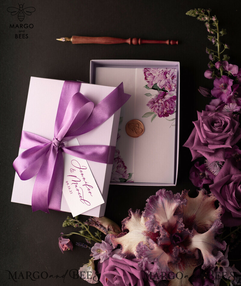  Luxury Acrylic Plexi Wedding Invitations, Elegant Lilac Box Wedding Invites, Glamour Purple Wedding Invitation Suite, Minimalistic Floral Wedding Cards-8