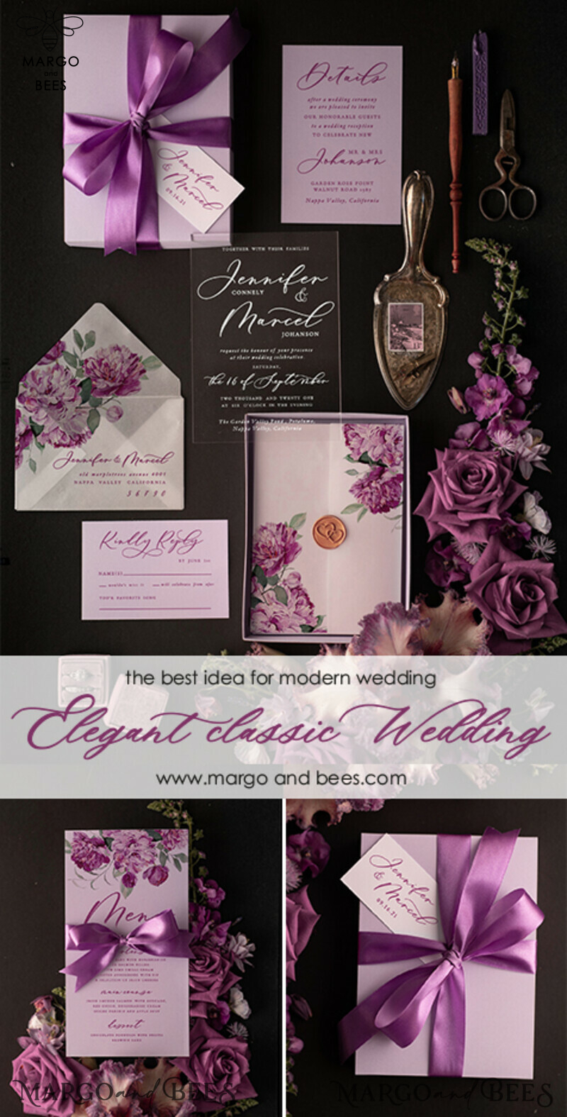 Luxury Acrylic Plexi Wedding Invitations, Elegant Lilac Box Wedding Invites, Glamour Purple Wedding Invitation Suite, Minimalistic Floral Wedding Cards-9