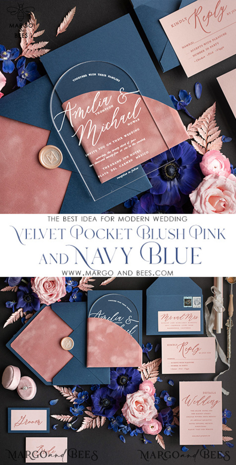 Navy Blue Dusty Pink velvet Pocket Plexi wedding Invitation Set, Elegant Arch Acrylic Wedding Invitations Dark blue, Velvet Pocket blush pink Modern Wedding, Plexi Wedding Cards Suite-3