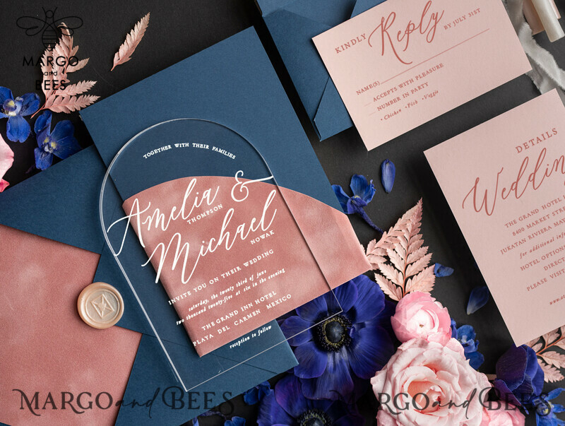 Navy Blue and Dusty Pink Velvet Pocket Plexi Wedding Invitation Set: An Elegant Arch Acrylic Design in Dark Blue with Velvet Pocket and Blush Pink Modern Wedding Suite.-1