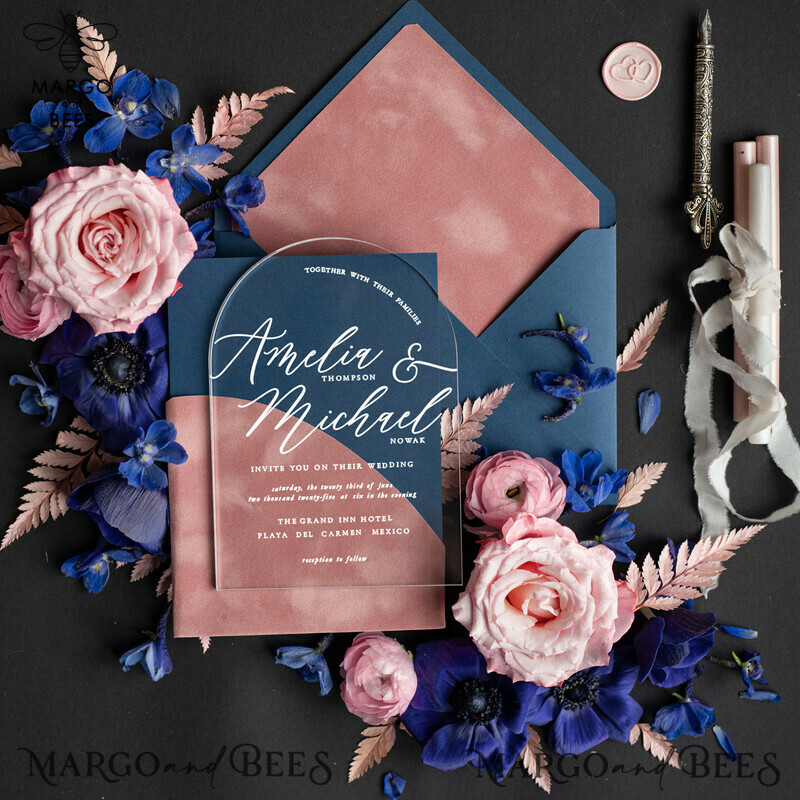 Navy Blue and Dusty Pink Velvet Pocket Plexi Wedding Invitation Set: An Elegant Arch Acrylic Design in Dark Blue with Velvet Pocket and Blush Pink Modern Wedding Suite.-4