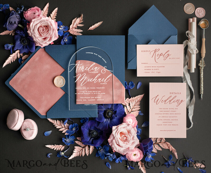 Navy Blue and Dusty Pink Velvet Pocket Plexi Wedding Invitation Set: An Elegant Arch Acrylic Design in Dark Blue with Velvet Pocket and Blush Pink Modern Wedding Suite.-0