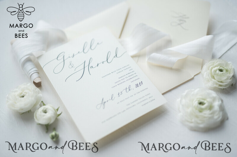 Minimalist Wedding Invitations Fine Art Stationery with Bow Ivory Paper Envelope Monogram Liner-1