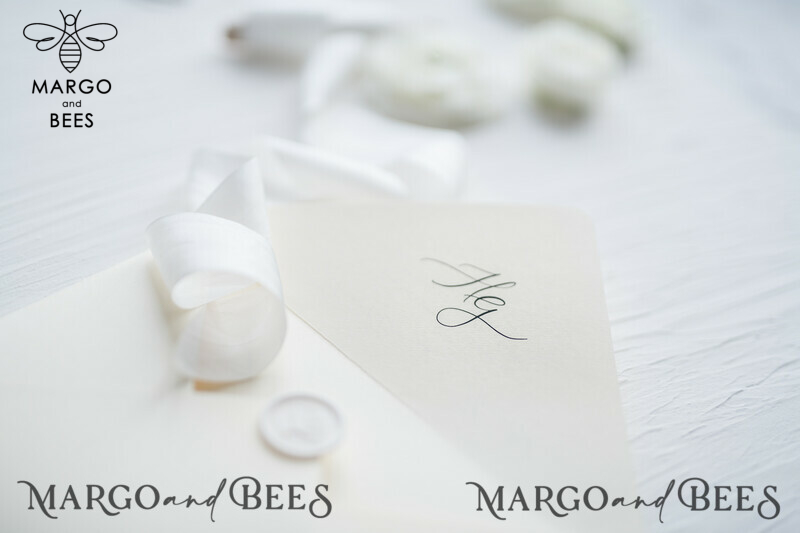 Minimalist Wedding Invitations Fine Art Stationery with Bow Ivory Paper Envelope Monogram Liner-10