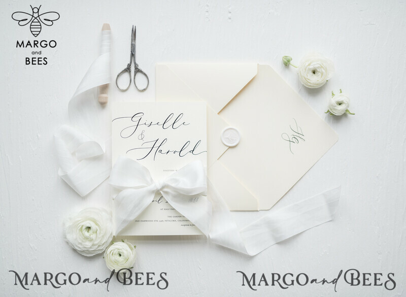 Minimalist Wedding Invitations Fine Art Stationery with Bow Ivory Paper Envelope Monogram Liner-11