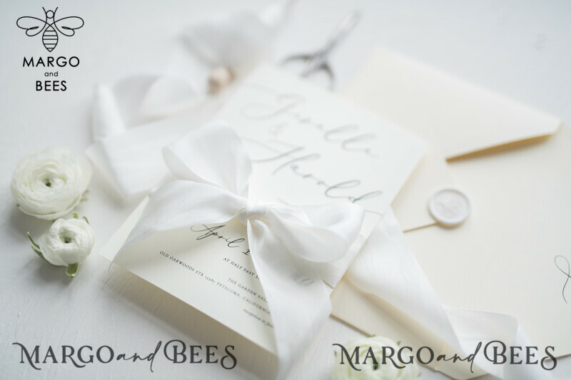 Minimalist Wedding Invitations Fine Art Stationery with Bow Ivory Paper Envelope Monogram Liner-12