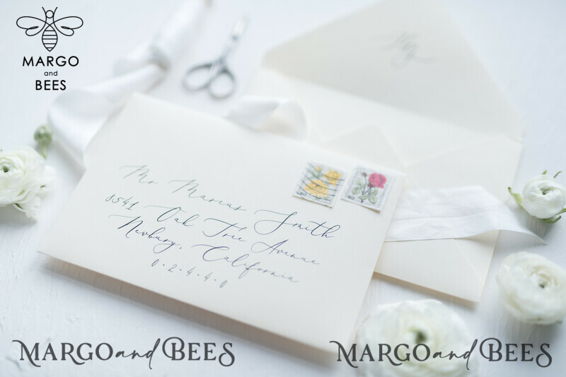 Minimalist Wedding Invitations Fine Art Stationery with Bow Ivory Paper Envelope Monogram Liner-13