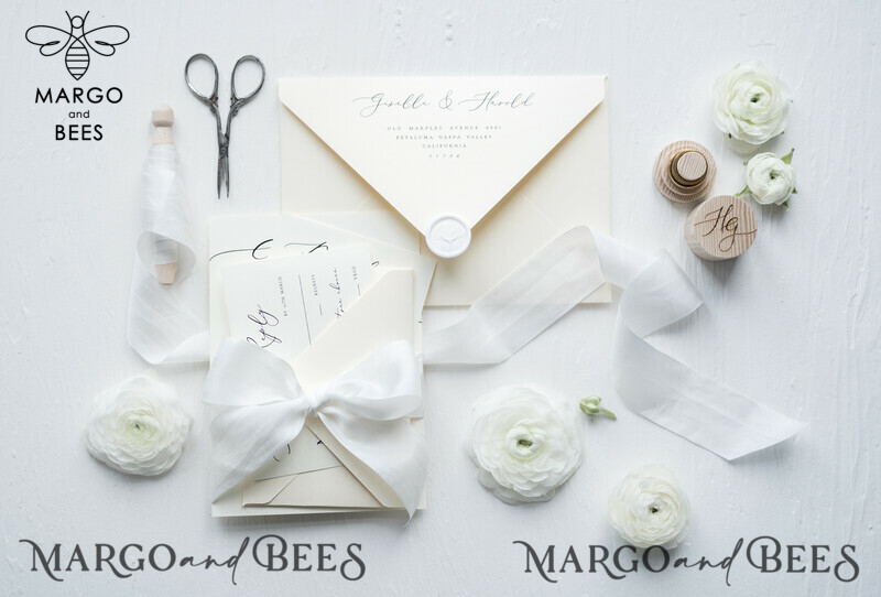 Minimalist Wedding Invitations Fine Art Stationery with Bow Ivory Paper Envelope Monogram Liner-14