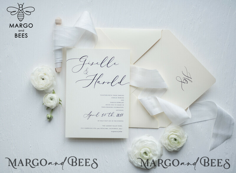 Minimalist Wedding Invitations Fine Art Stationery with Bow Ivory Paper Envelope Monogram Liner-15