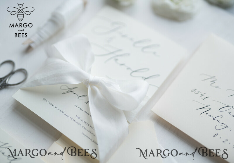 Minimalist Wedding Invitations Fine Art Stationery with Bow Ivory Paper Envelope Monogram Liner-17