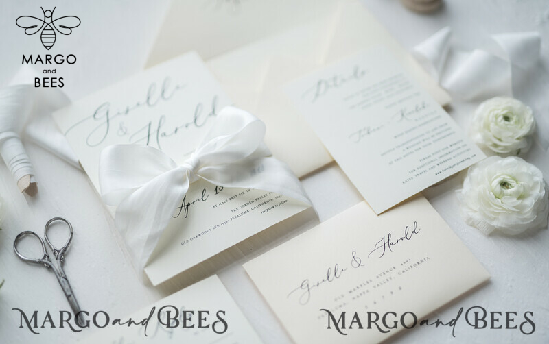 Minimalist Wedding Invitations Fine Art Stationery with Bow Ivory Paper Envelope Monogram Liner-18