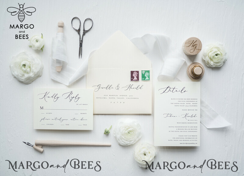 Minimalist Wedding Invitations Fine Art Stationery with Bow Ivory Paper Envelope Monogram Liner-19