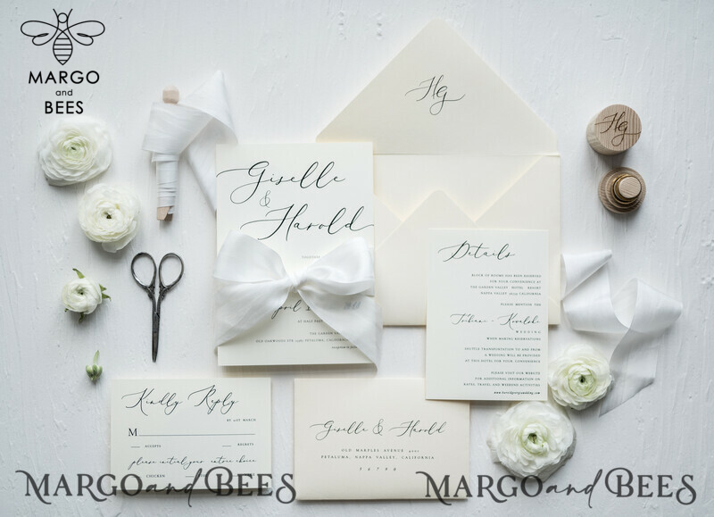 Minimalist Wedding Invitations Fine Art Stationery with Bow Ivory Paper Envelope Monogram Liner-2