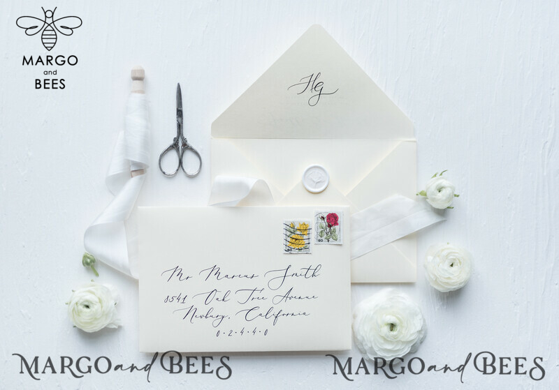 Minimalist Wedding Invitations Fine Art Stationery with Bow Ivory Paper Envelope Monogram Liner-20