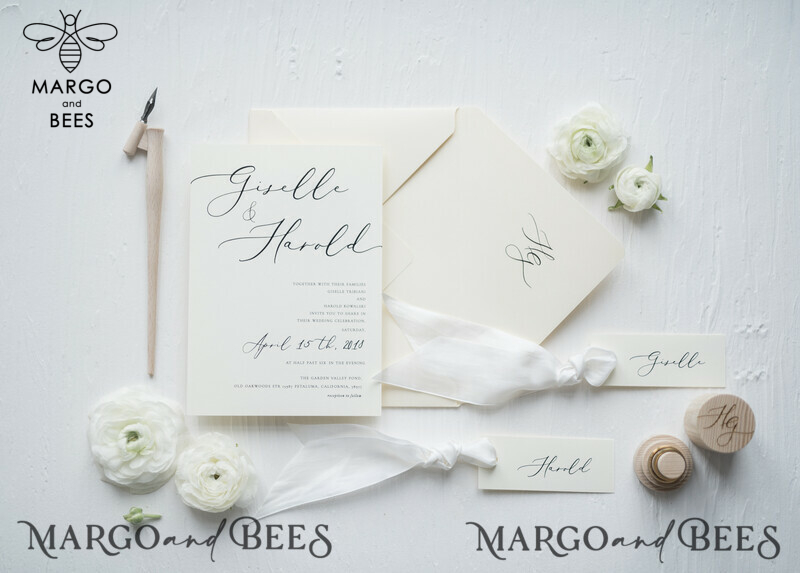 Minimalist Wedding Invitations Fine Art Stationery with Bow Ivory Paper Envelope Monogram Liner-3