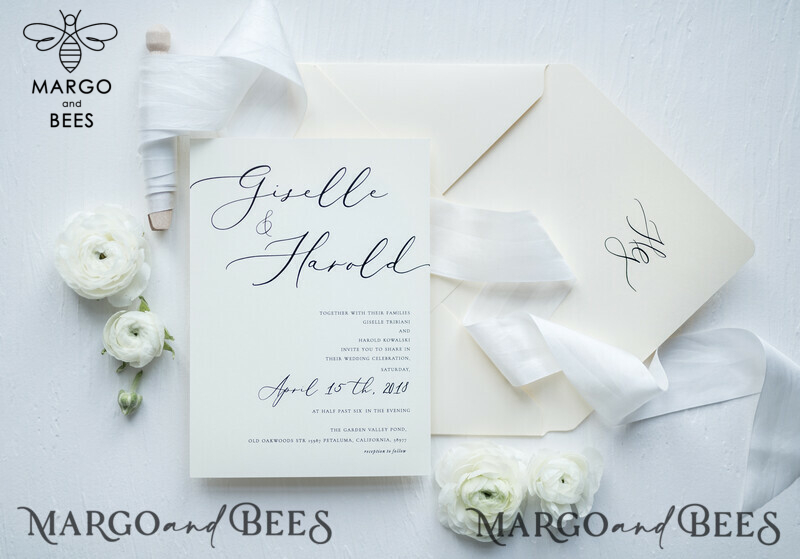 Minimalist Wedding Invitations Fine Art Stationery with Bow Ivory Paper Envelope Monogram Liner-4