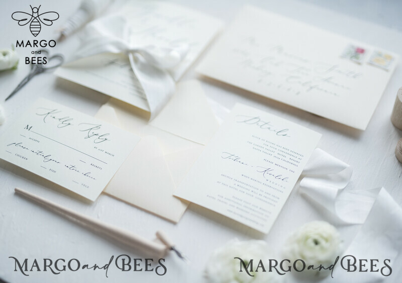 Minimalist Wedding Invitations Fine Art Stationery with Bow Ivory Paper Envelope Monogram Liner-5
