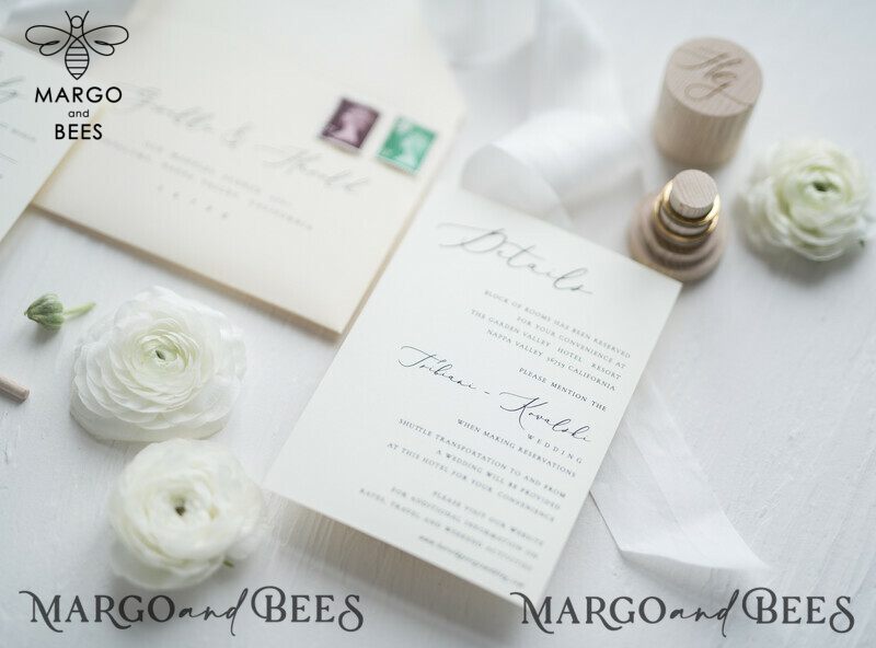 Minimalist Wedding Invitations Fine Art Stationery with Bow Ivory Paper Envelope Monogram Liner-6