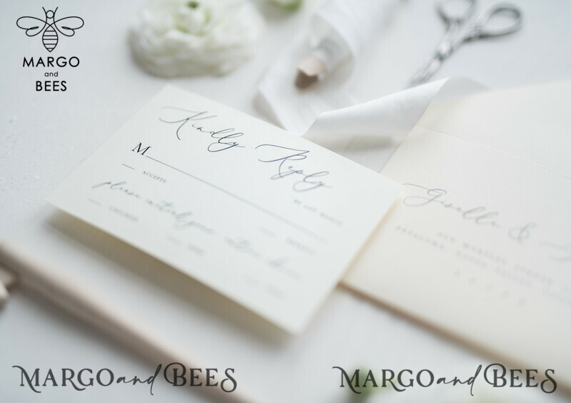 Minimalist Wedding Invitations Fine Art Stationery with Bow Ivory Paper Envelope Monogram Liner-7
