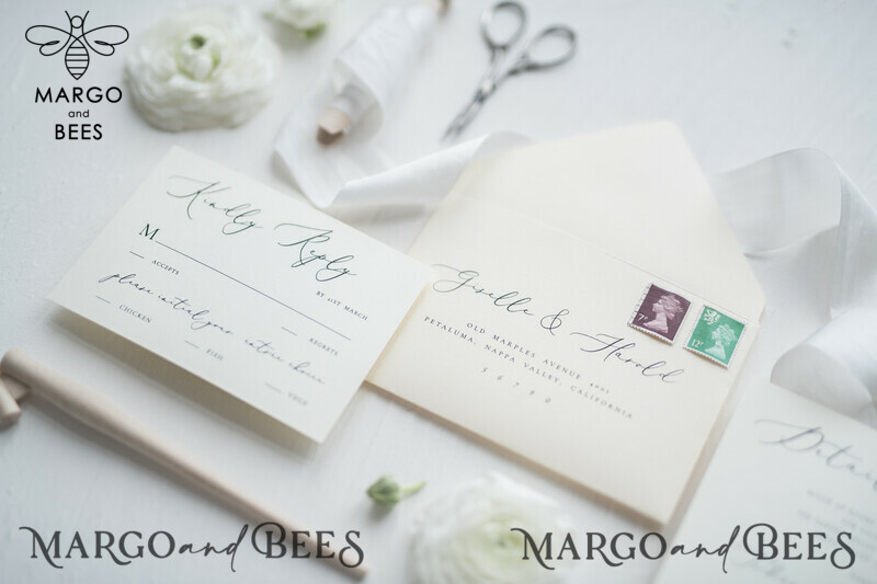 Minimalist Wedding Invitations Fine Art Stationery with Bow Ivory Paper Envelope Monogram Liner-8