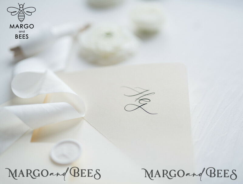 Minimalist Wedding Invitations Fine Art Stationery with Bow Ivory Paper Envelope Monogram Liner-9