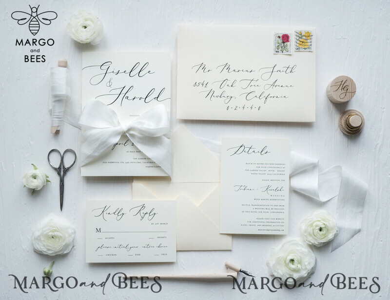 Minimalist Wedding Invitations Fine Art Stationery with Bow Ivory Paper Envelope Monogram Liner-0