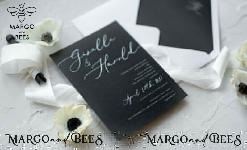 Fairytale Black and White Wedding Invitations Fine Art Stationery with Bow Envelope Monogram Liner-12