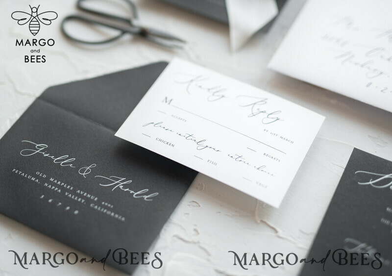 Fairytale Black and White Wedding Invitations Fine Art Stationery with Bow Envelope Monogram Liner-13