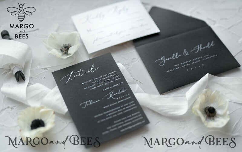 Fairytale Black and White Wedding Invitations Fine Art Stationery with Bow Envelope Monogram Liner-14
