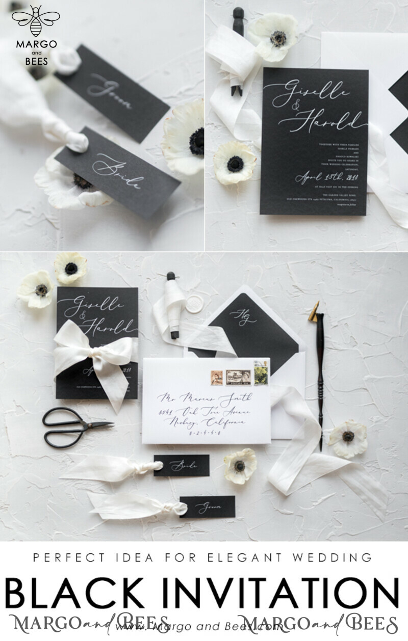 Fairytale Black and White Wedding Invitations Fine Art Stationery with Bow Envelope Monogram Liner-15