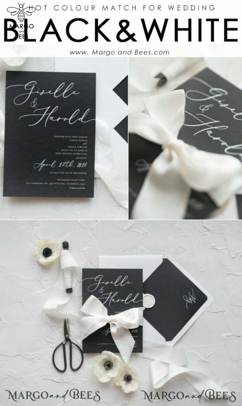 Fairytale Black and White Wedding Invitations Fine Art Stationery with Bow Envelope Monogram Liner-18