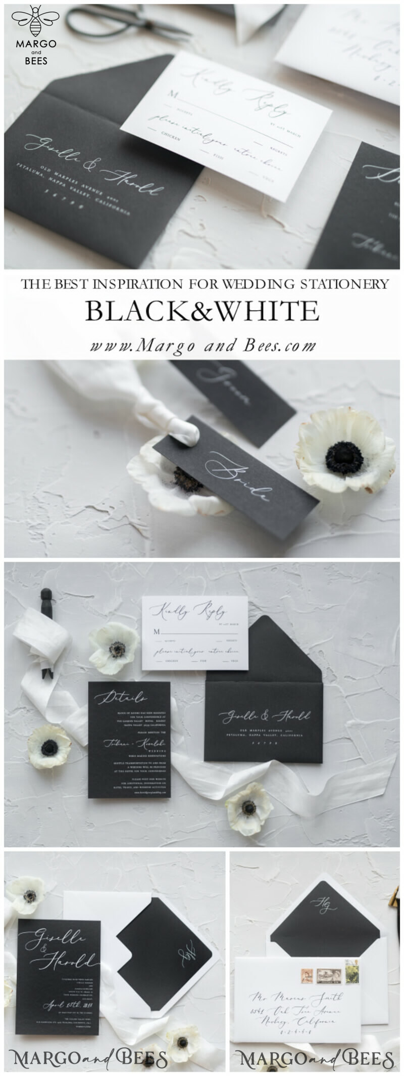 Fairytale Black and White Wedding Invitations Fine Art Stationery with Bow Envelope Monogram Liner-19