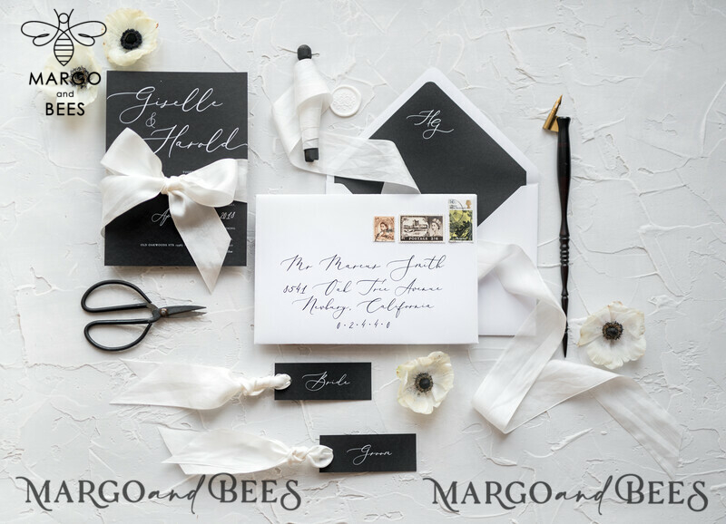 Fairytale Black and White Wedding Invitations Fine Art Stationery with Bow Envelope Monogram Liner-20