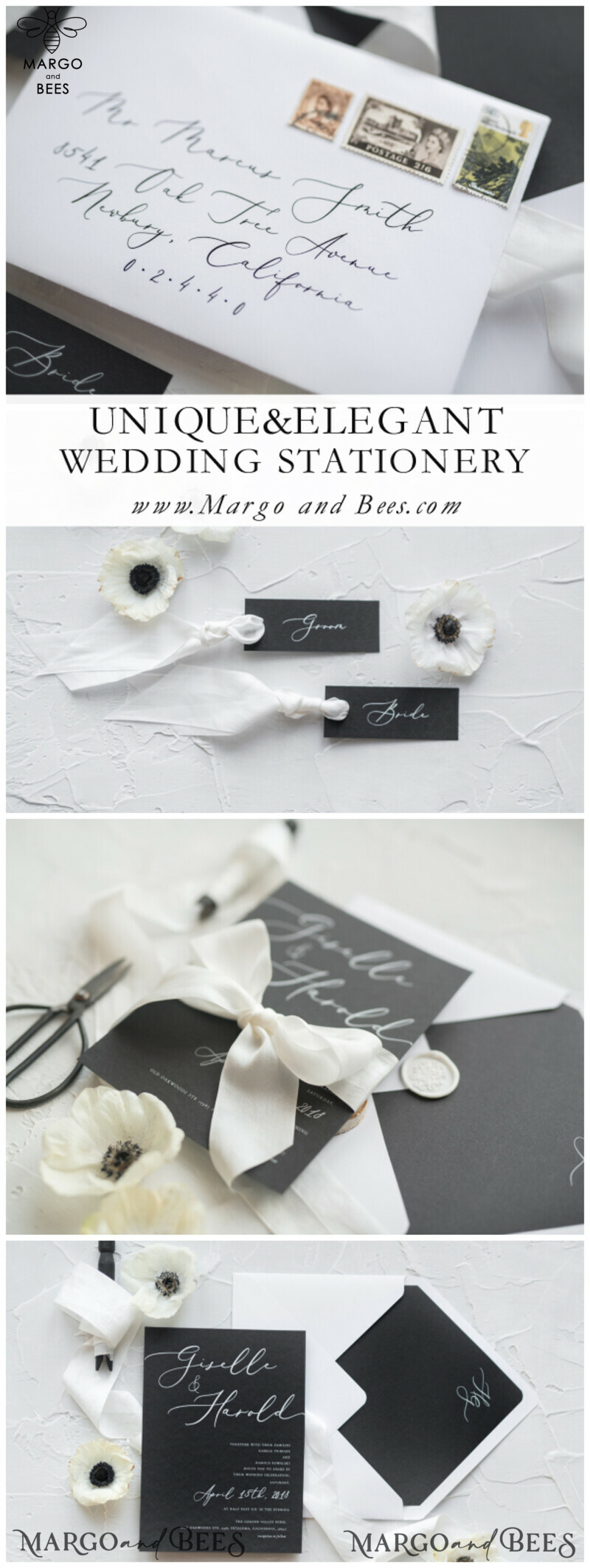 Stunning Minimalistic Black and Elegant White Wedding Invitations: Bespoke, Modern, and Handmade Invitation Suite-21