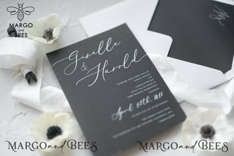 Fairytale Black and White Wedding Invitations Fine Art Stationery with Bow Envelope Monogram Liner-4
