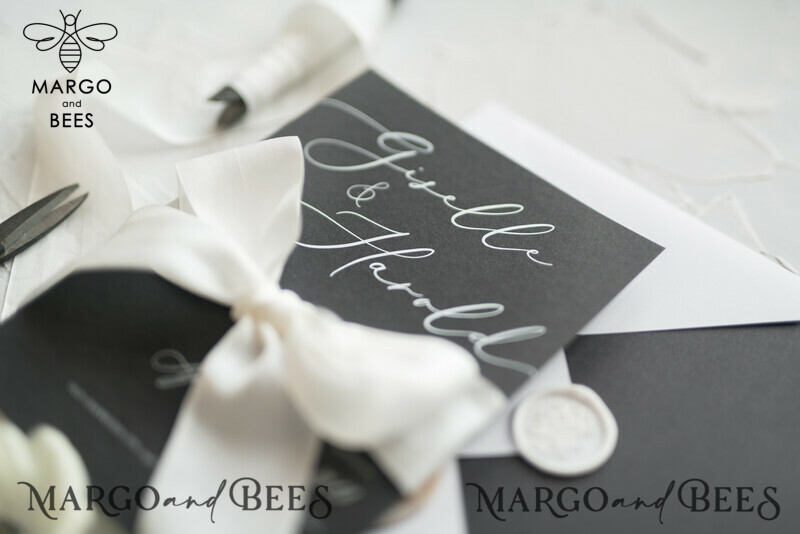 Fairytale Black and White Wedding Invitations Fine Art Stationery with Bow Envelope Monogram Liner-8