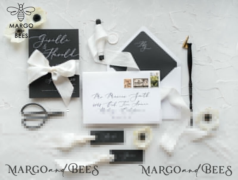 Fairytale Black and White Wedding Invitations Fine Art Stationery with Bow Envelope Monogram Liner-9