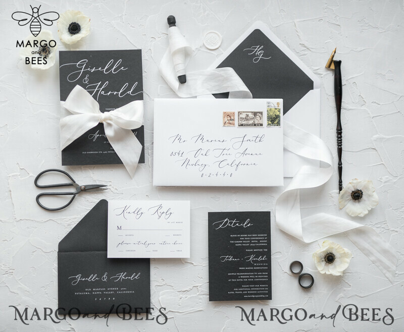 Fairytale Black and White Wedding Invitations Fine Art Stationery with Bow Envelope Monogram Liner-0