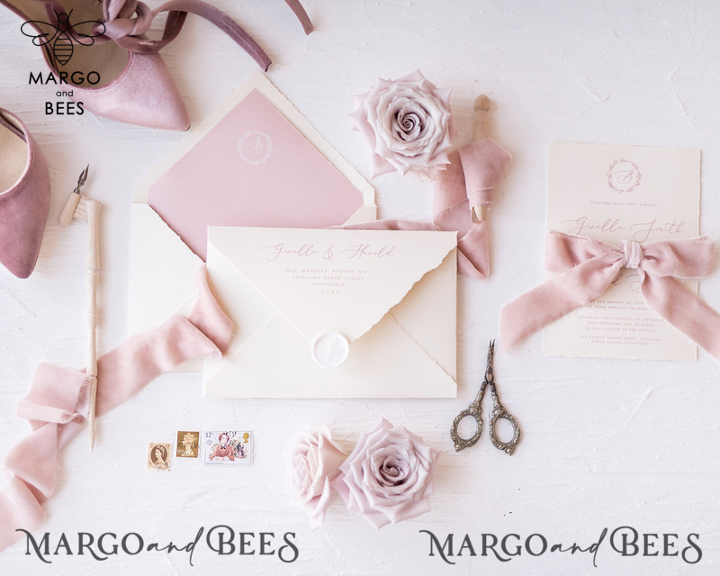 Luxury Nude Wedding Invitations, Romantic Pink Wedding Invites With Velvet Ribbon, Minimalistic And Modern Wedding Invitation Suite, Handmade Wedding Stationery-15