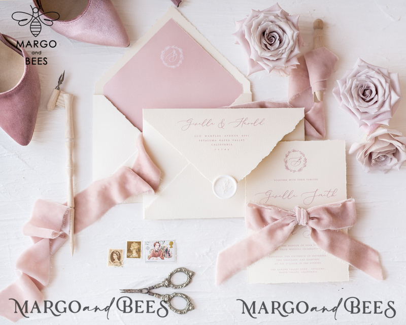 Luxury Nude Wedding Invitations, Romantic Pink Wedding Invites With Velvet Ribbon, Minimalistic And Modern Wedding Invitation Suite, Handmade Wedding Stationery-16
