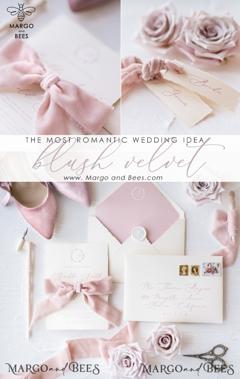 Luxury Nude Wedding Invitations, Romantic Pink Wedding Invites With Velvet Ribbon, Minimalistic And Modern Wedding Invitation Suite, Handmade Wedding Stationery-2