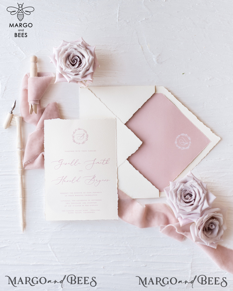 Luxury Nude Wedding Invitations, Romantic Pink Wedding Invites With Velvet Ribbon, Minimalistic And Modern Wedding Invitation Suite, Handmade Wedding Stationery-20