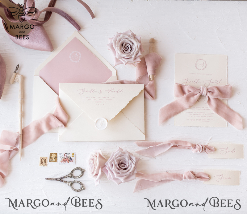 Luxury Nude Wedding Invitations, Romantic Pink Wedding Invites With Velvet Ribbon, Minimalistic And Modern Wedding Invitation Suite, Handmade Wedding Stationery-22