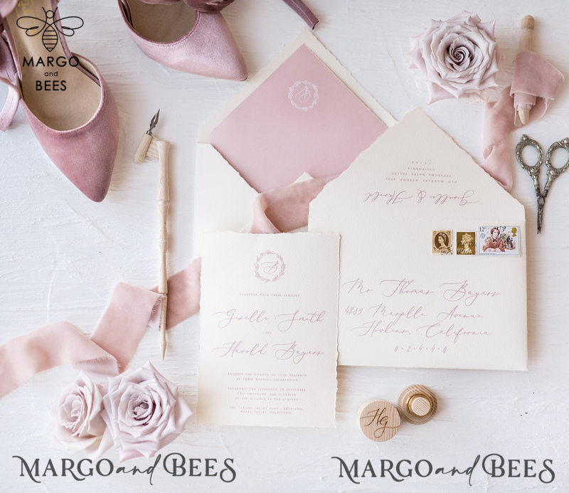 Luxury Nude Wedding Invitations, Romantic Pink Wedding Invites With Velvet Ribbon, Minimalistic And Modern Wedding Invitation Suite, Handmade Wedding Stationery-23